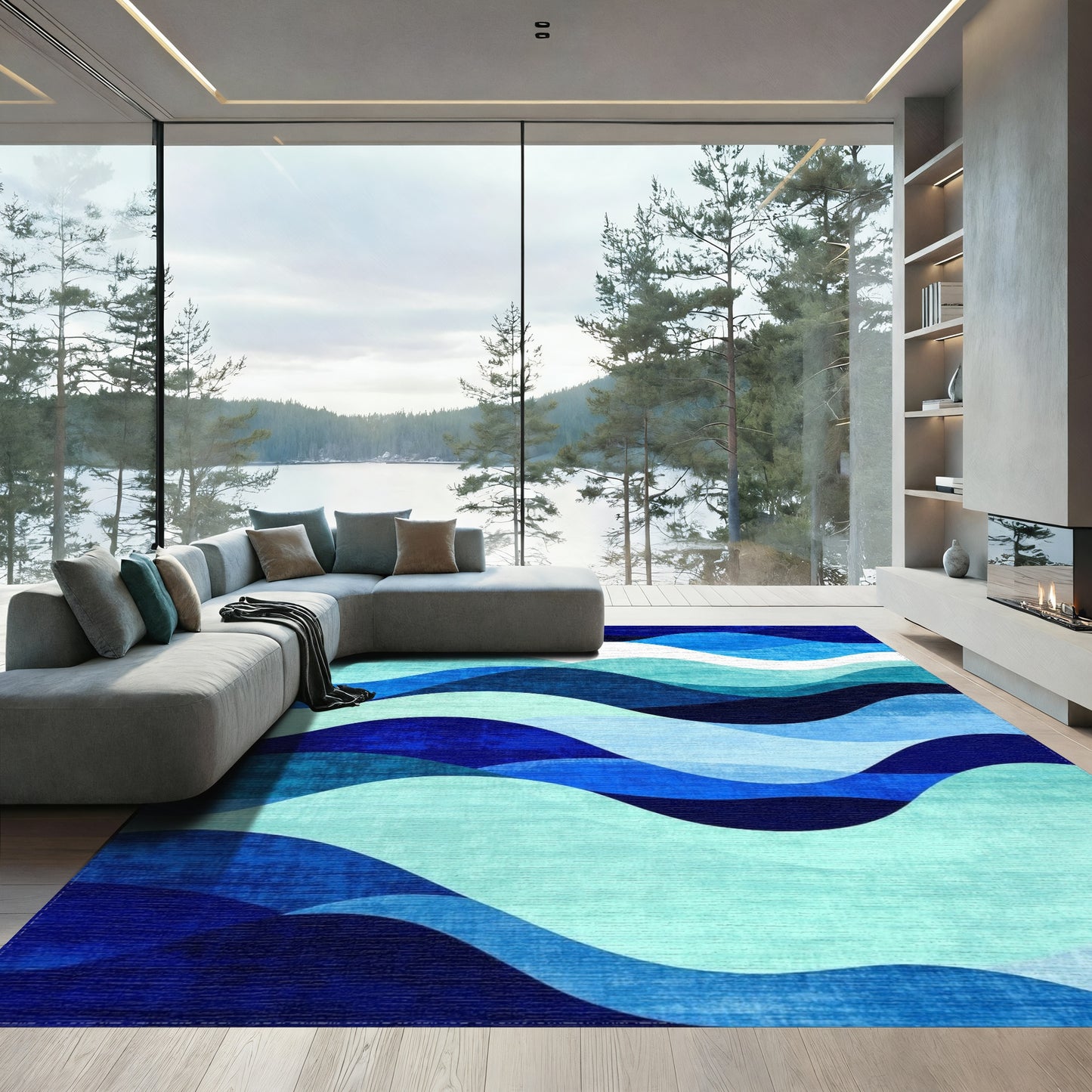 Teal Navy Overlapping Wave Rug