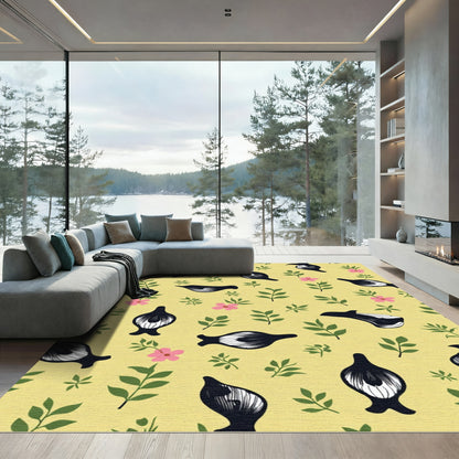 Black Bird Garden On Yellow Background Rug