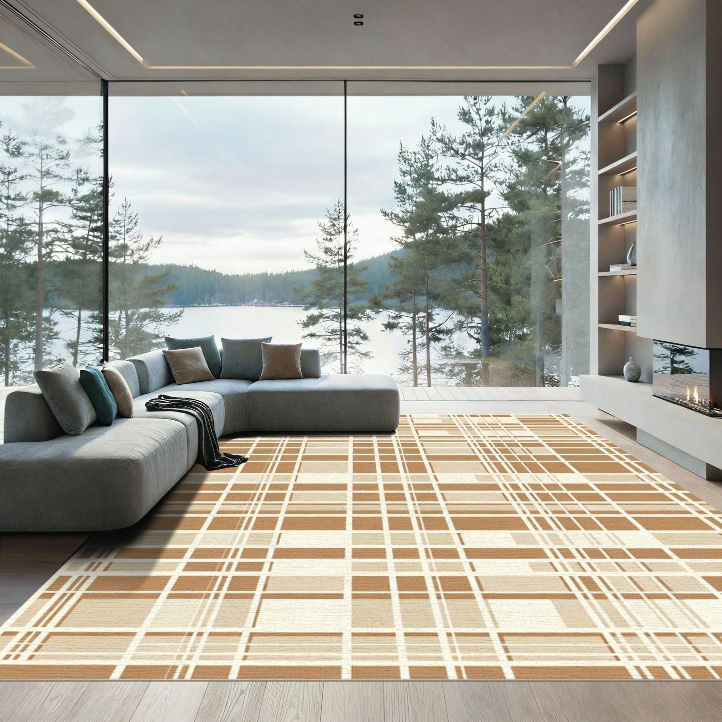 Neutral Tone Abstract Plaid Overlay Rug
