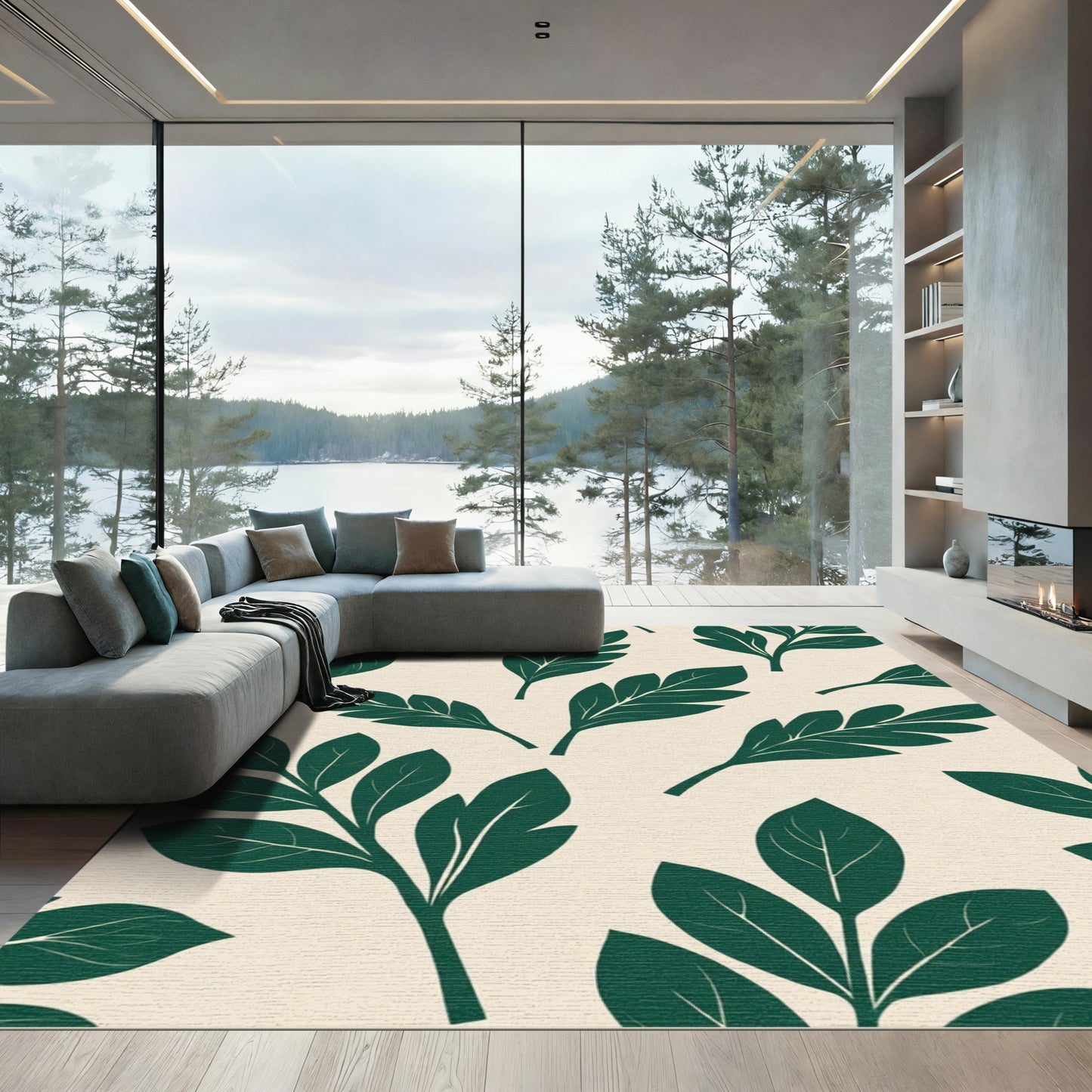 Deep Emerald Leaf Branches Cream Rug