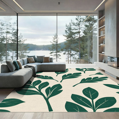 Deep Emerald Leaf Branches Cream Rug