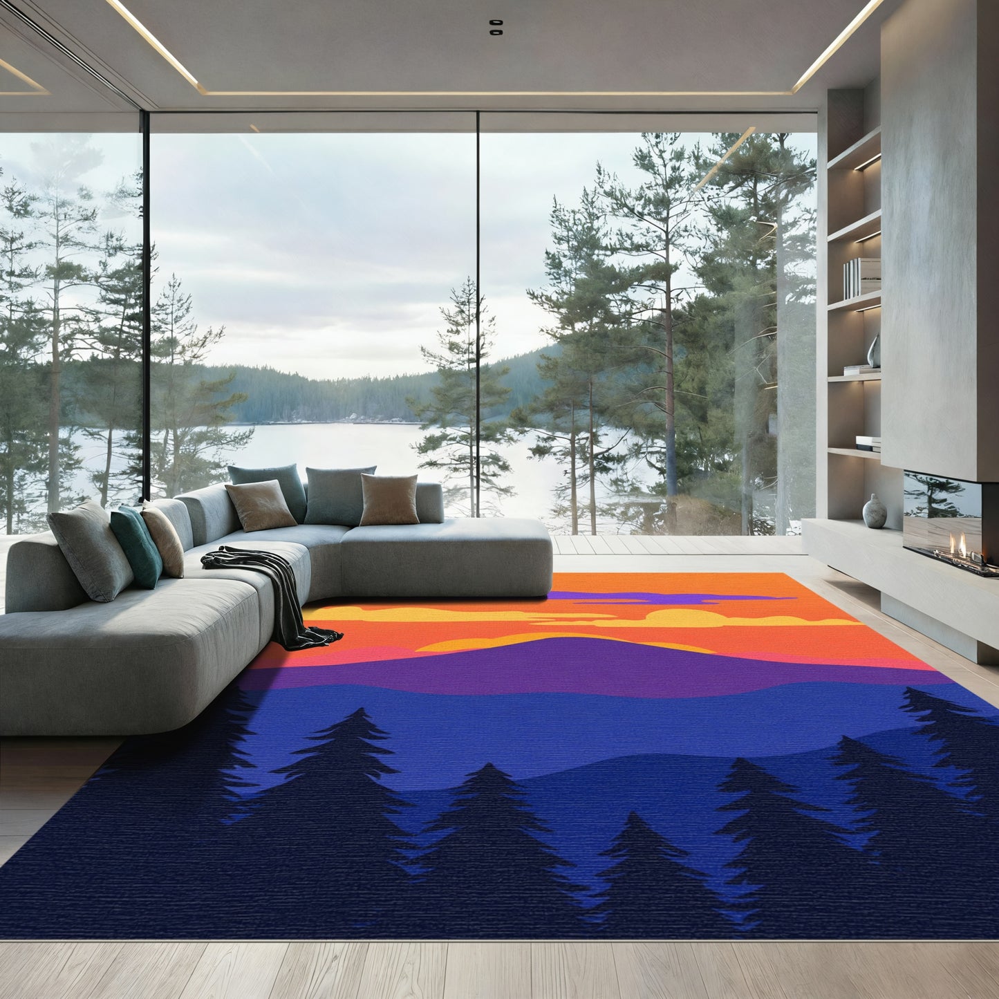 Vivid Sunset Mountain Forest Scene Rug