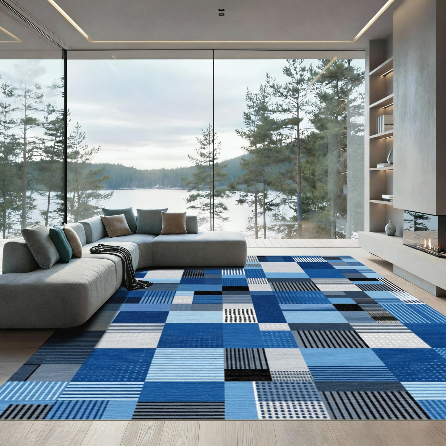 Deep Blue Geometric Square Mosaic Rug
