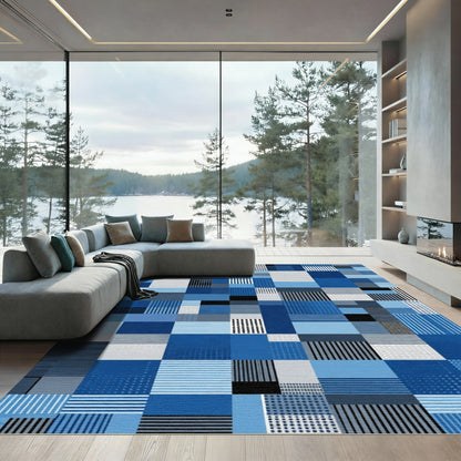 Deep Blue Geometric Square Mosaic Rug