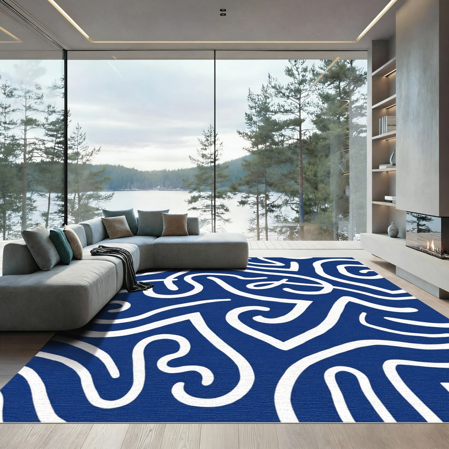 Deep Blue Abstract Swirls Rug