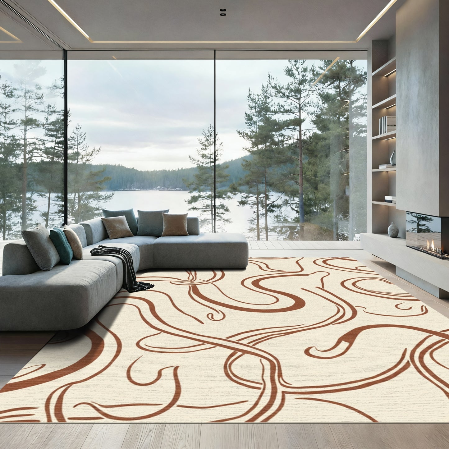 Cream Brown Swirling Flow Lines Rug