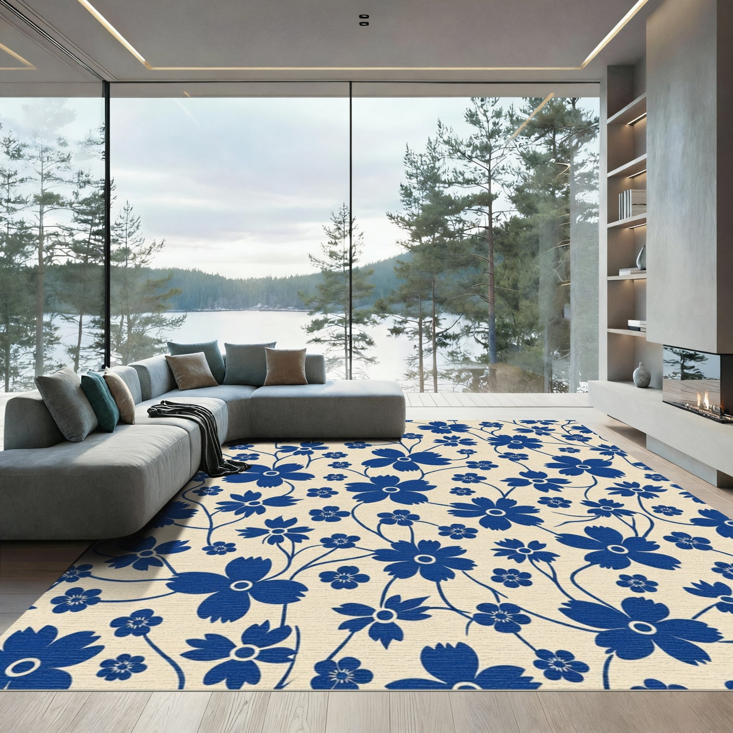 Deep Blue Floral Vine Rug