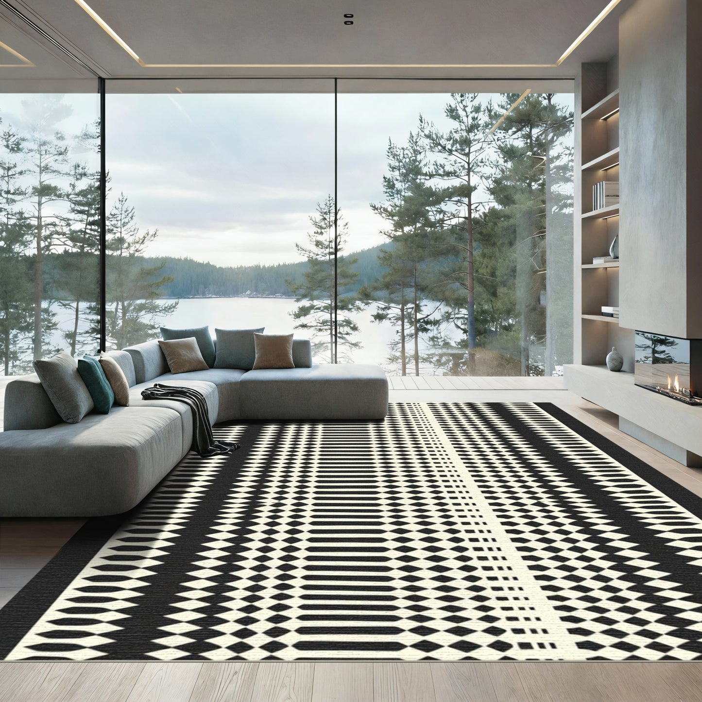 Bold Black Cream Geometric Stripe Rug