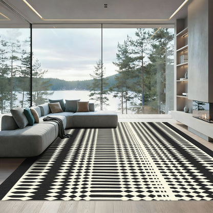 Bold Black Cream Geometric Stripe Rug