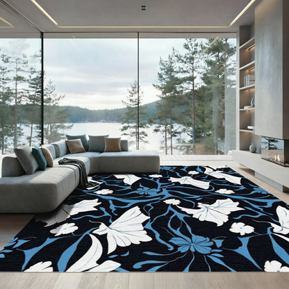 Navy Blue White Floral Swirl Rug