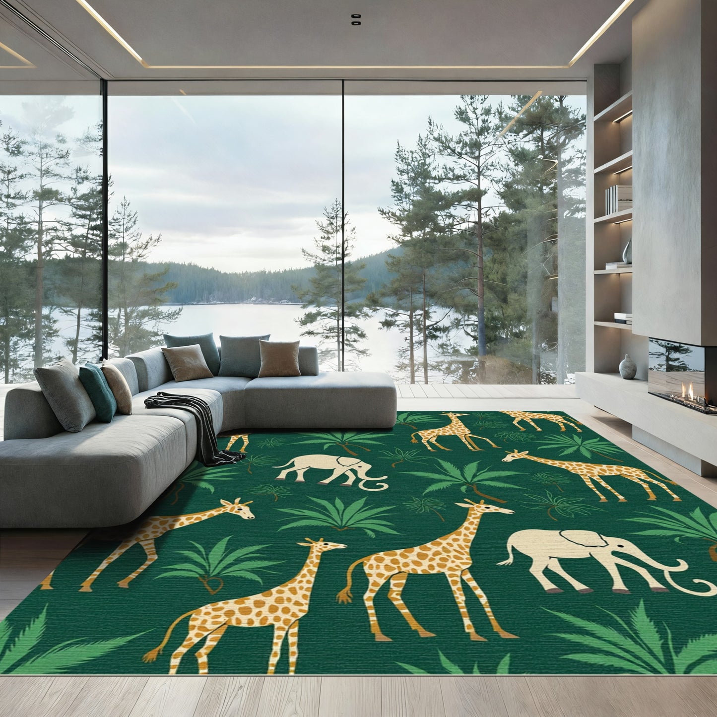 Jungle Giraffe and Elephant Scene Rug