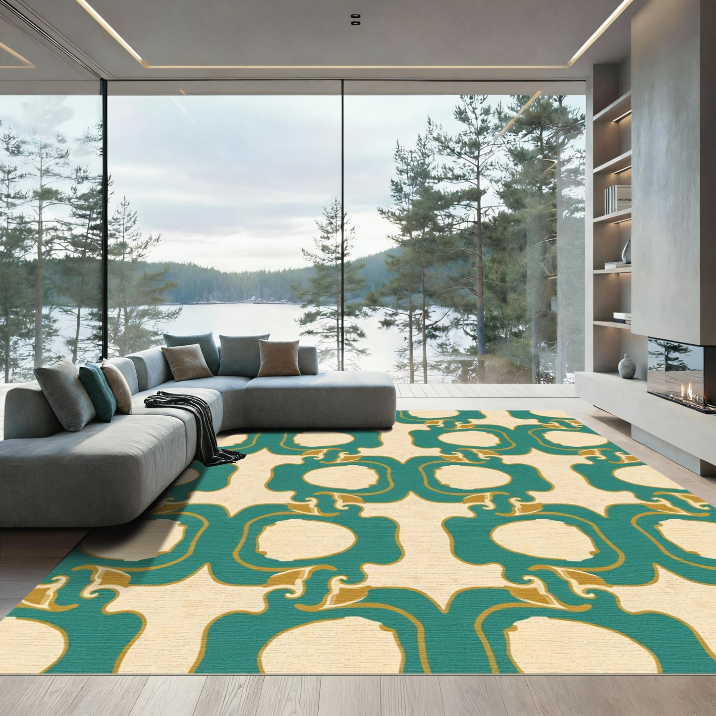 Teal Gold Curvy Ogee Medallion Rug