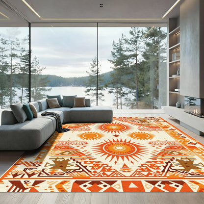 Tribal Sun Motif Orange Geometric Rug