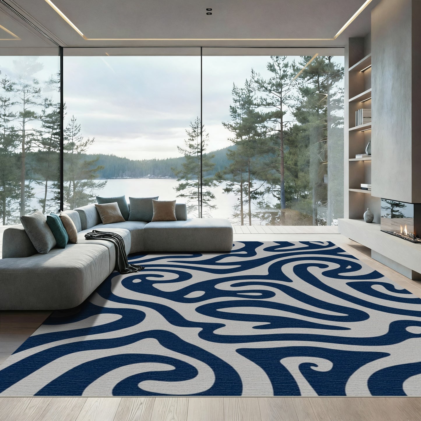 Navy Silver Swirling Abstract Shapes Rug