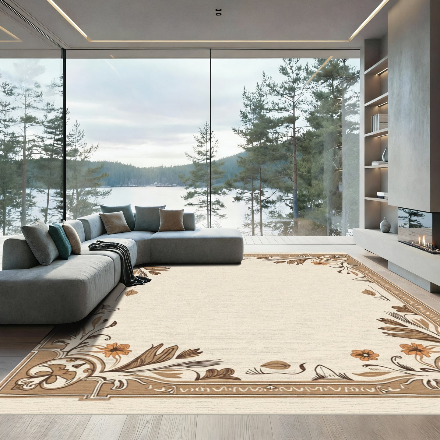 Brown Orange Floral Border Art Rug