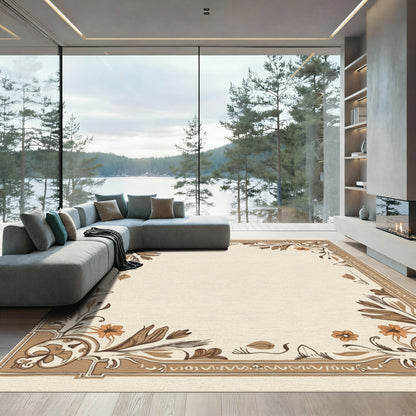 Brown Orange Floral Border Art Rug