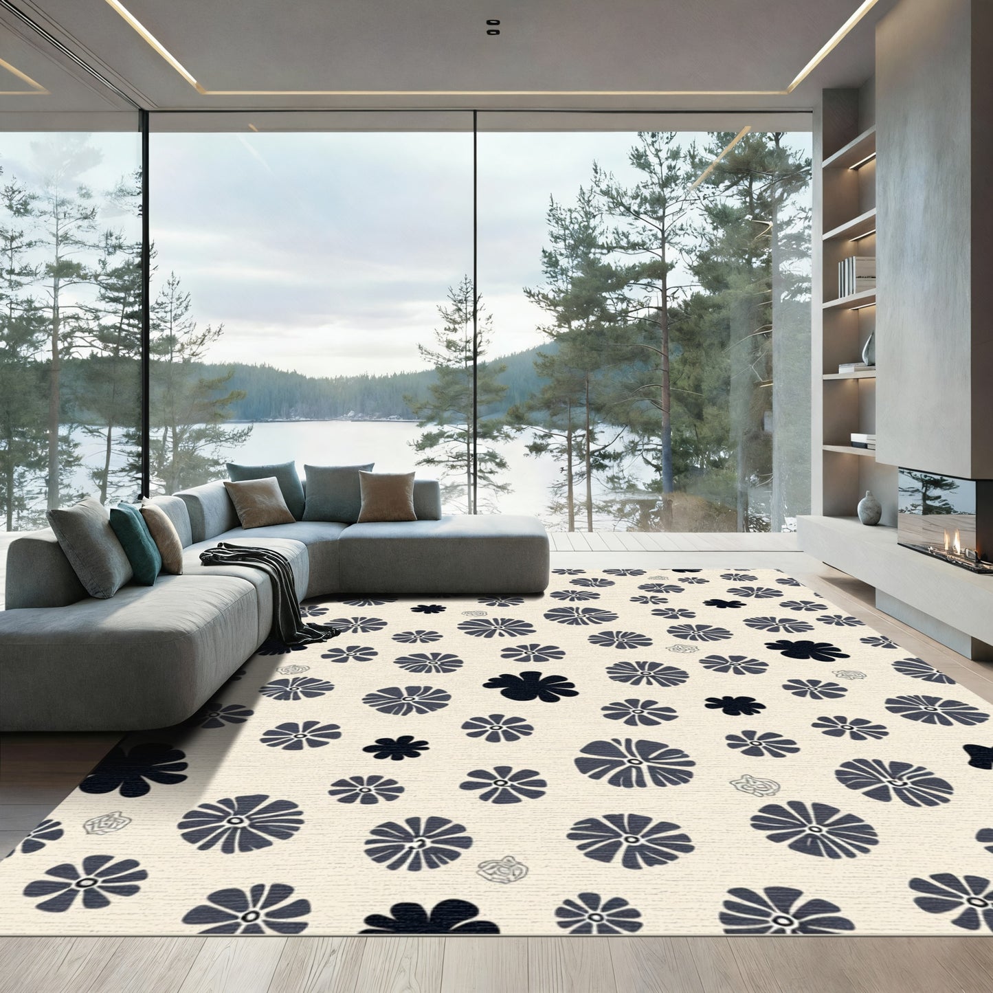 Dark Gray Scattered Floral Arrangement Rug