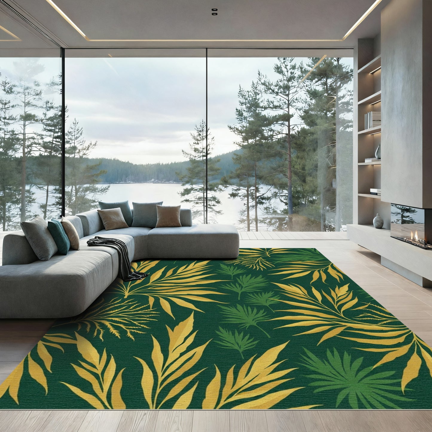 Golden Green Tropical Leaf Foliage Rug