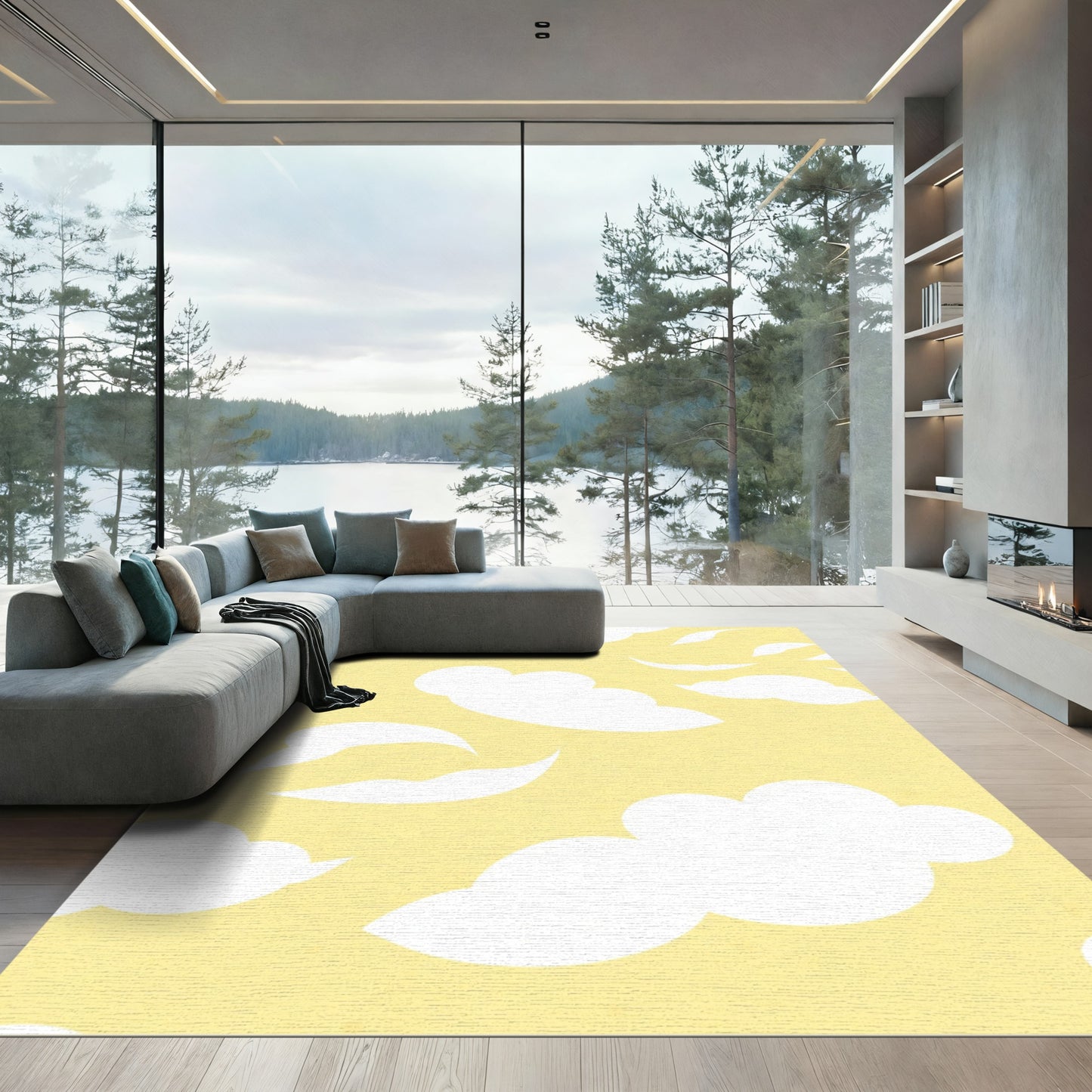 Bright Yellow Cloudscape Abstract Shapes Rug