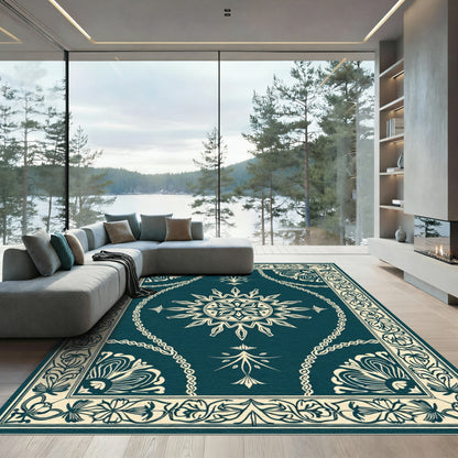 Aged Teal Floral Mandala Border Rug