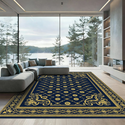Ornate Navy Golden Fleur-de-lis Rug