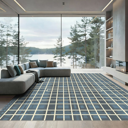 Blue Cream Grid Abstract Squares Rug