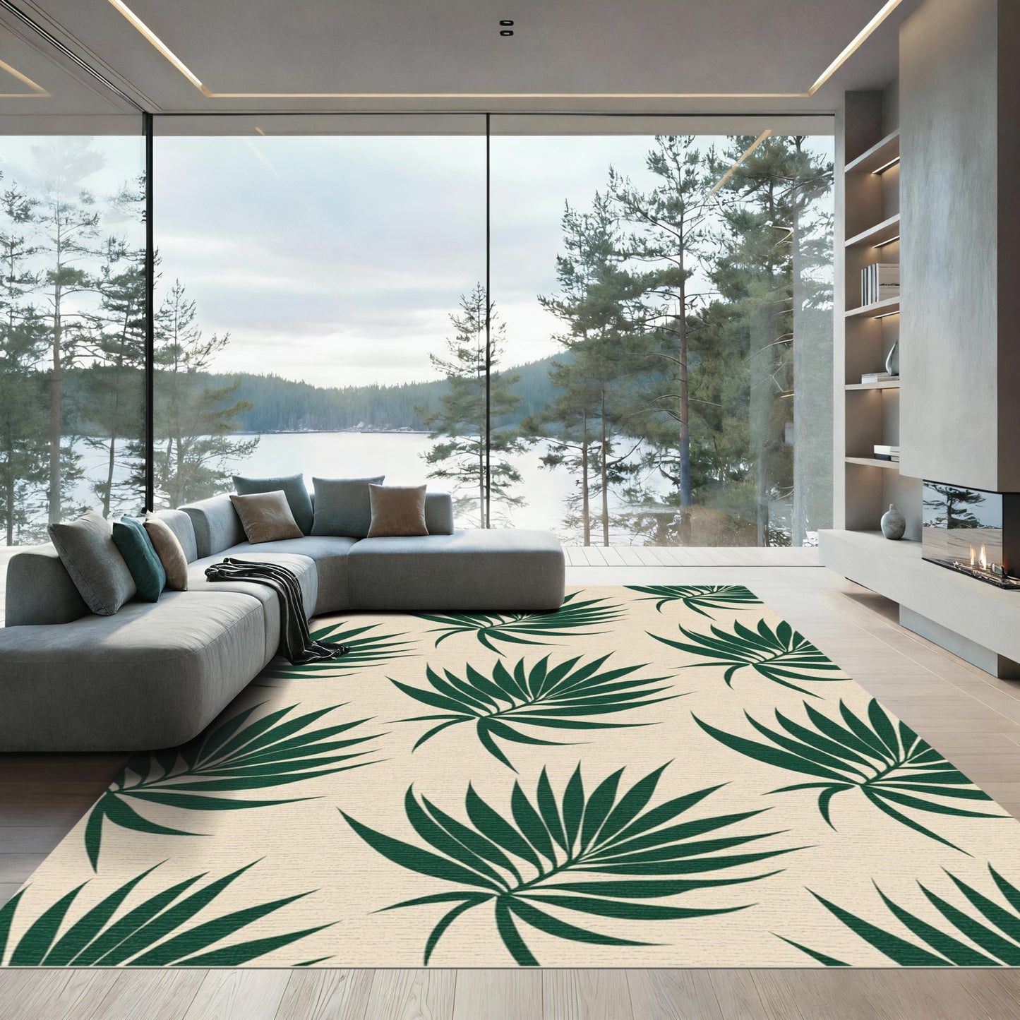 Deep Green Palm Frond Pattern Rug