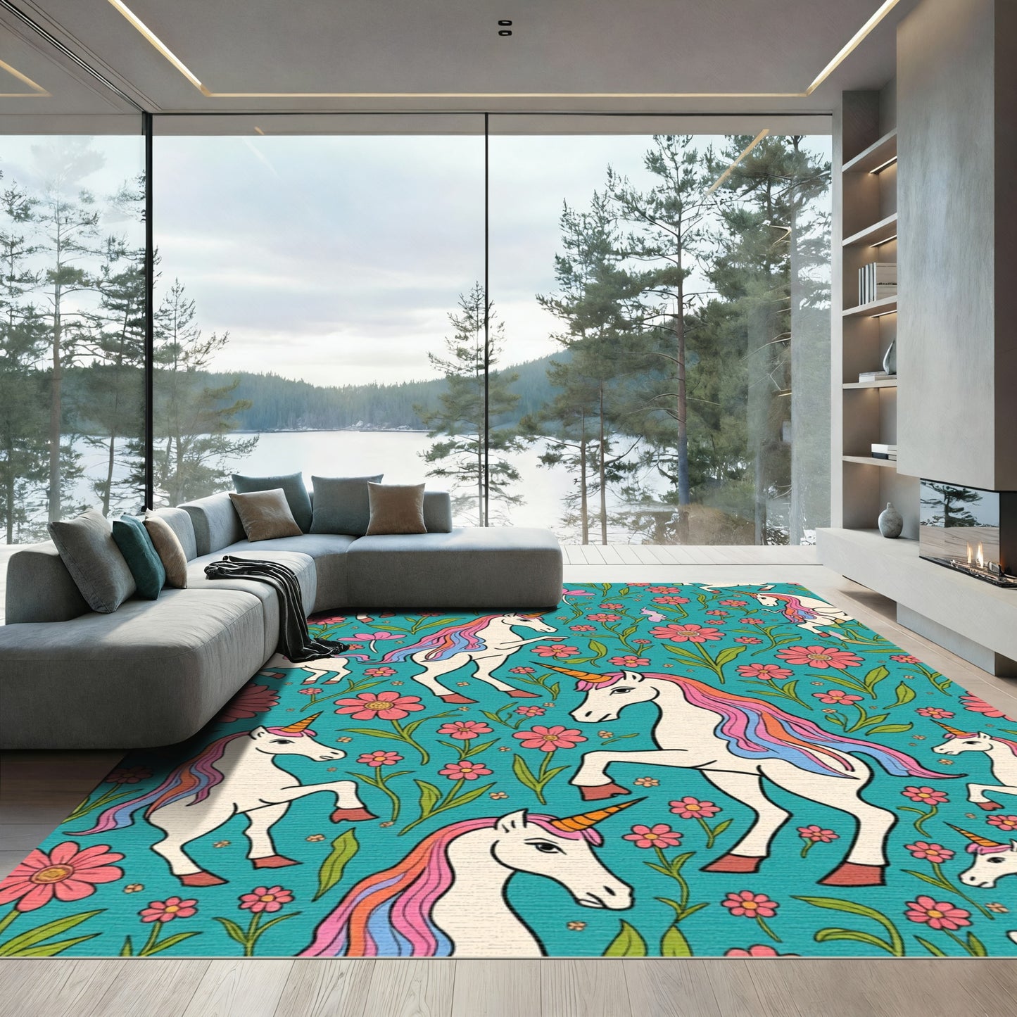Whimsical Unicorn Floral Meadow Rug