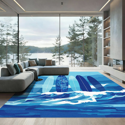 Blue Floral Surfboards Ocean Waves Rug