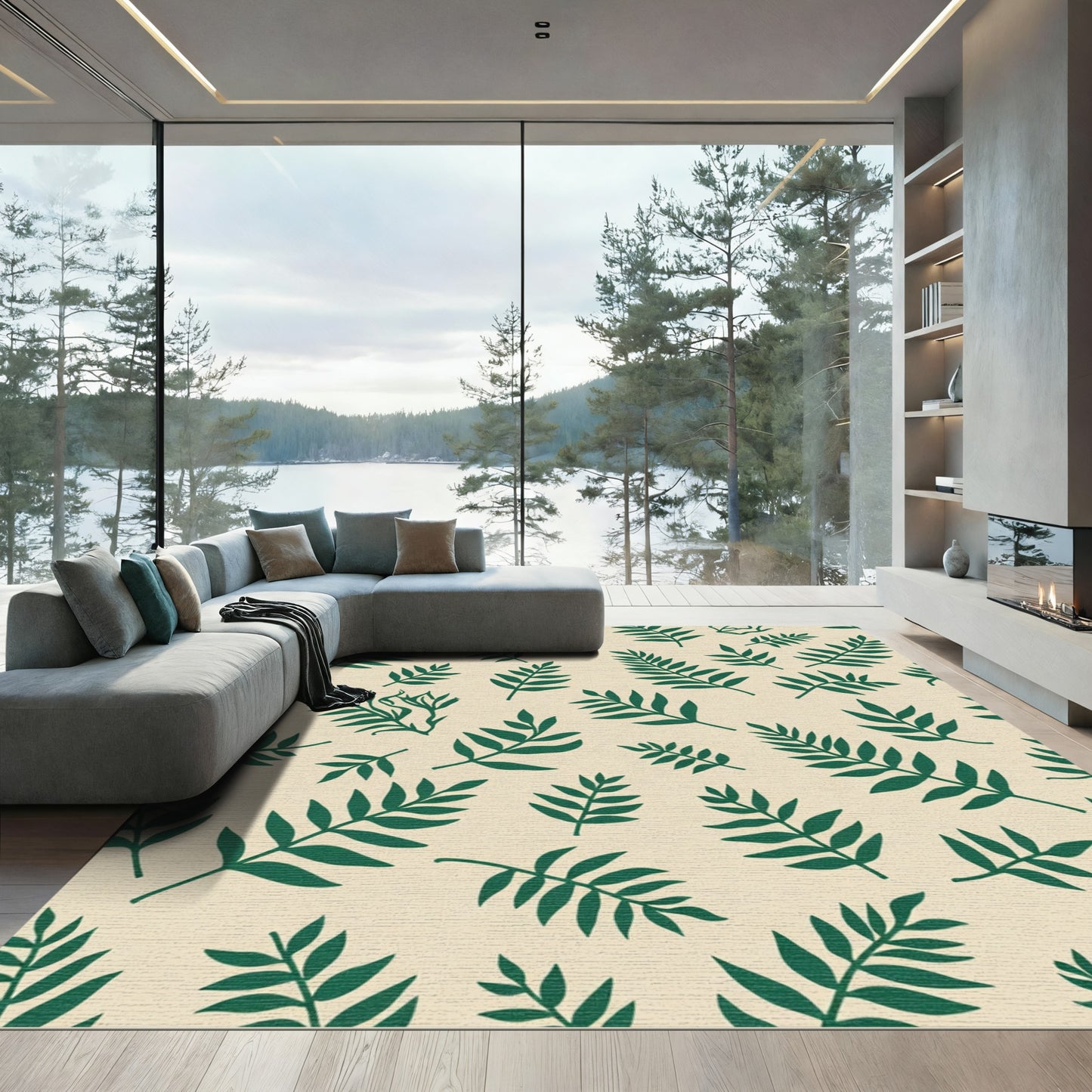 Deep Green Fern Leaf Botanical Rug