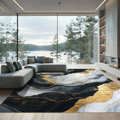 Black White Gold Swirling Veins Rug