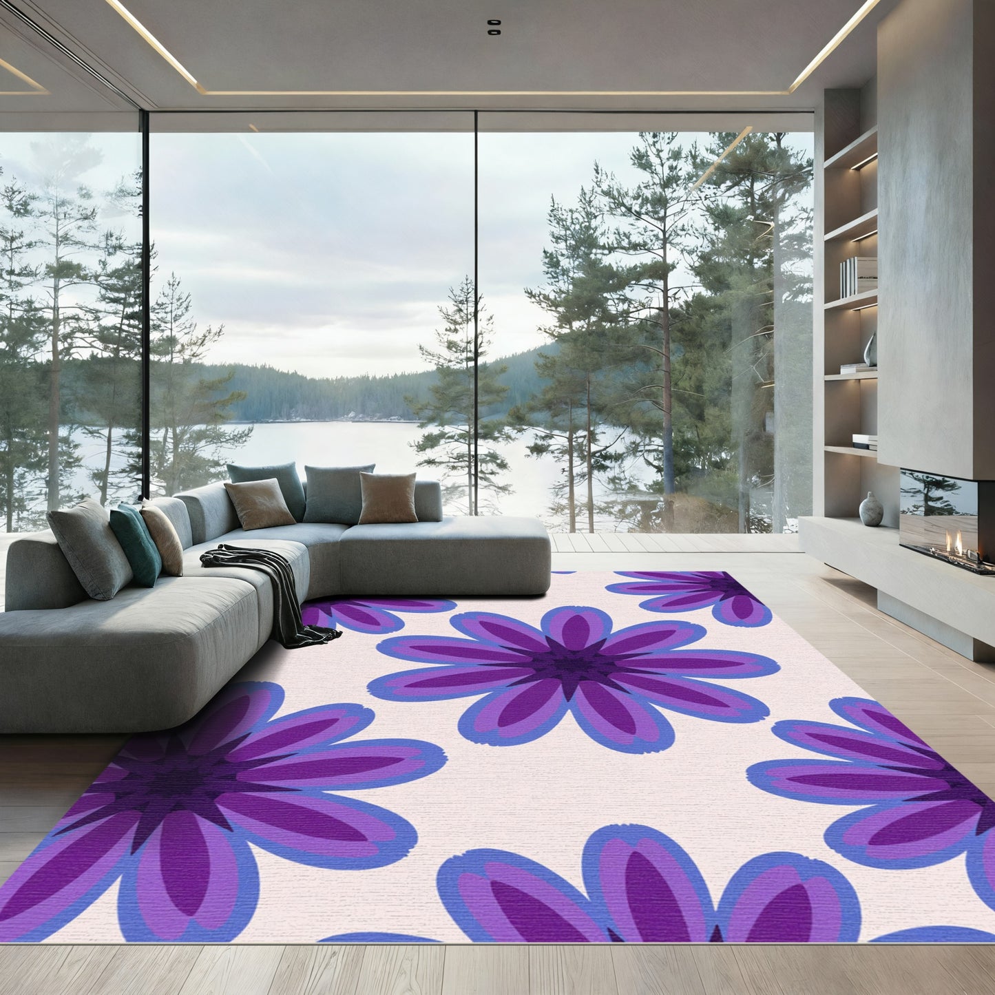 Purple Blue Layered Floral Bloom Rug