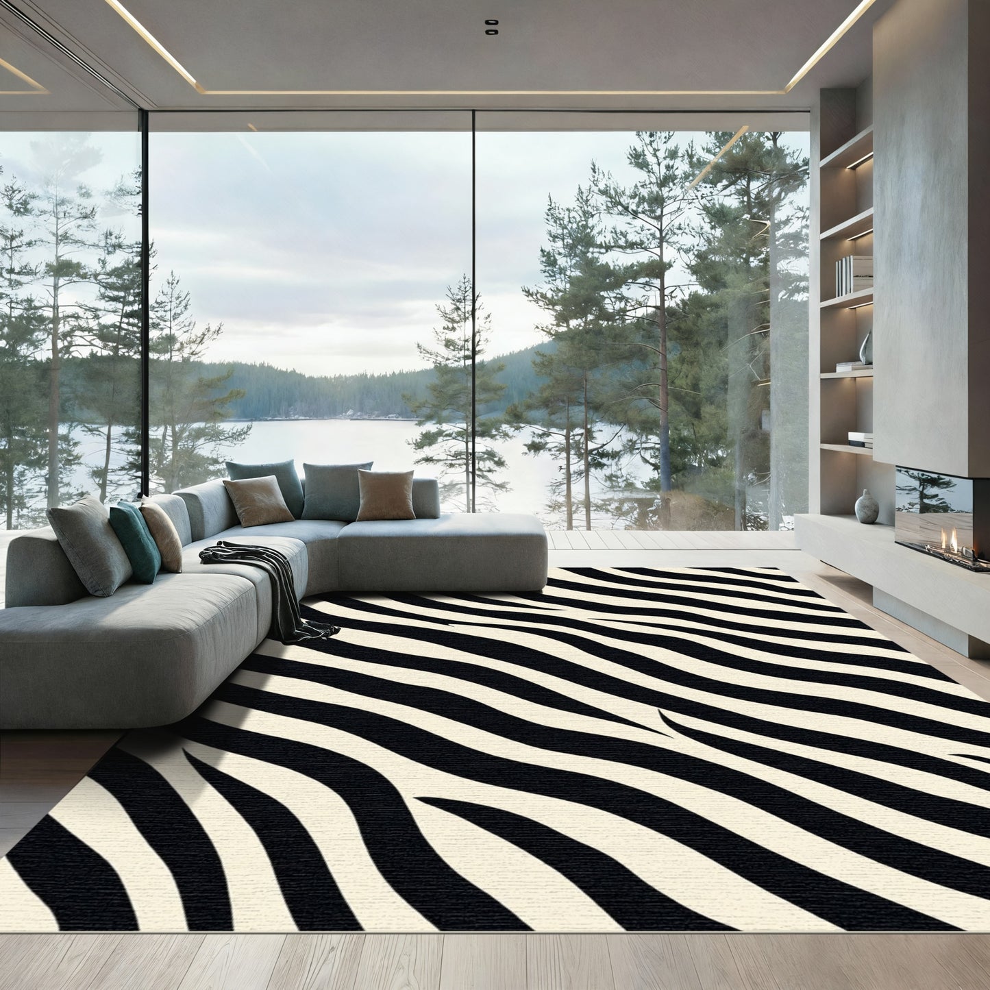 Bold Black Cream Stripe Wave Rug