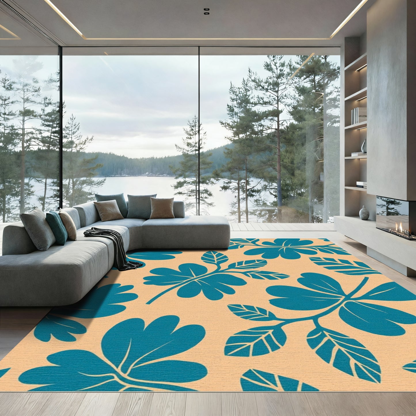 Teal Leafy Branch Blossom Rug