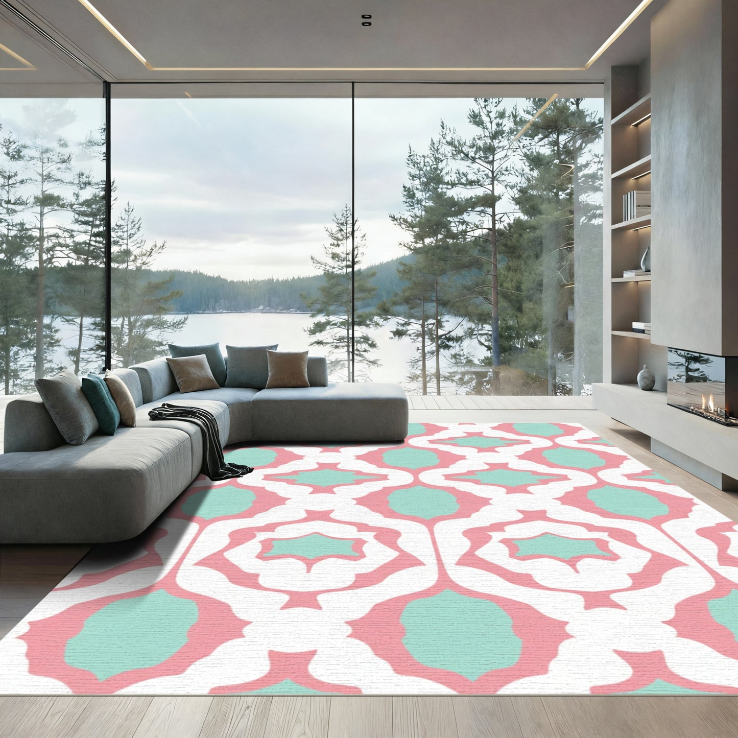 Pink Teal Arabesque Lattice Rug