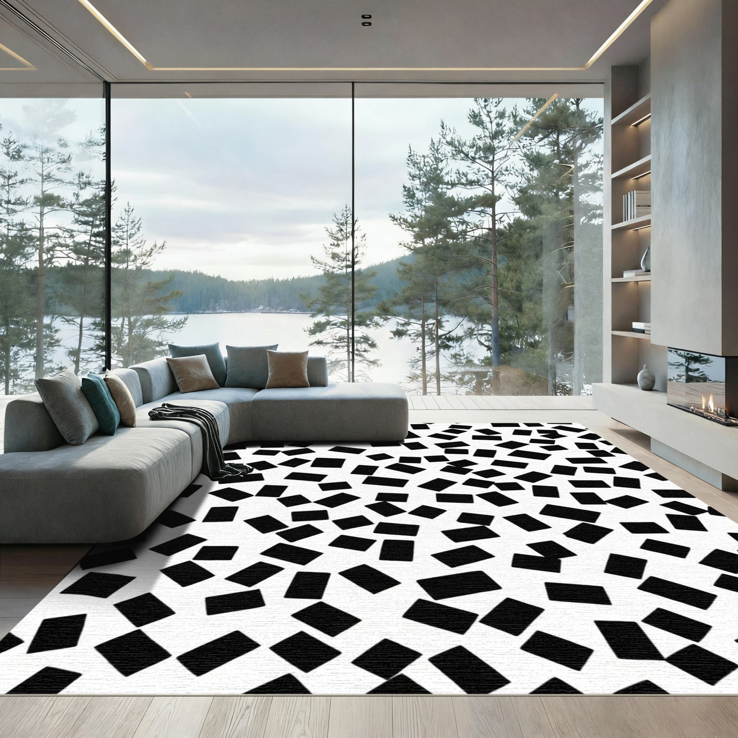 Black White Scattered Rectangles Rug