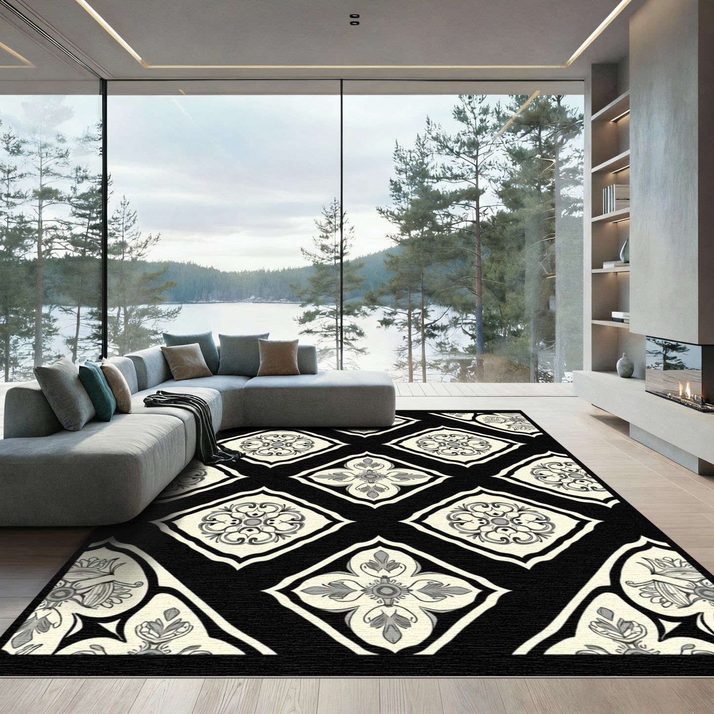 Classic Cream Black Floral Diamonds Rug