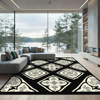 Classic Cream Black Floral Diamonds Rug