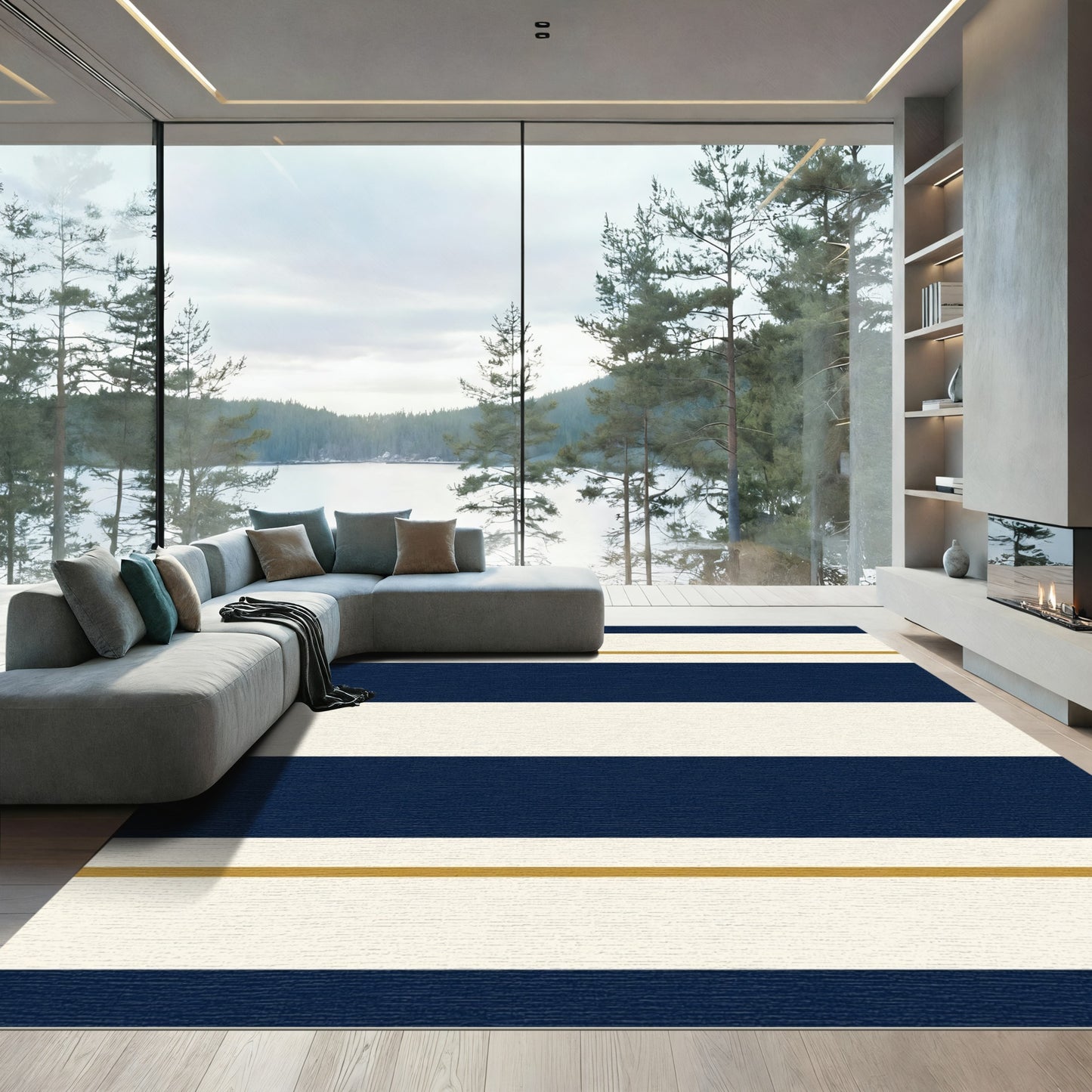 Navy Cream Gold Thin Stripe Rug
