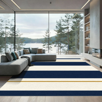 Navy Cream Gold Thin Stripe Rug