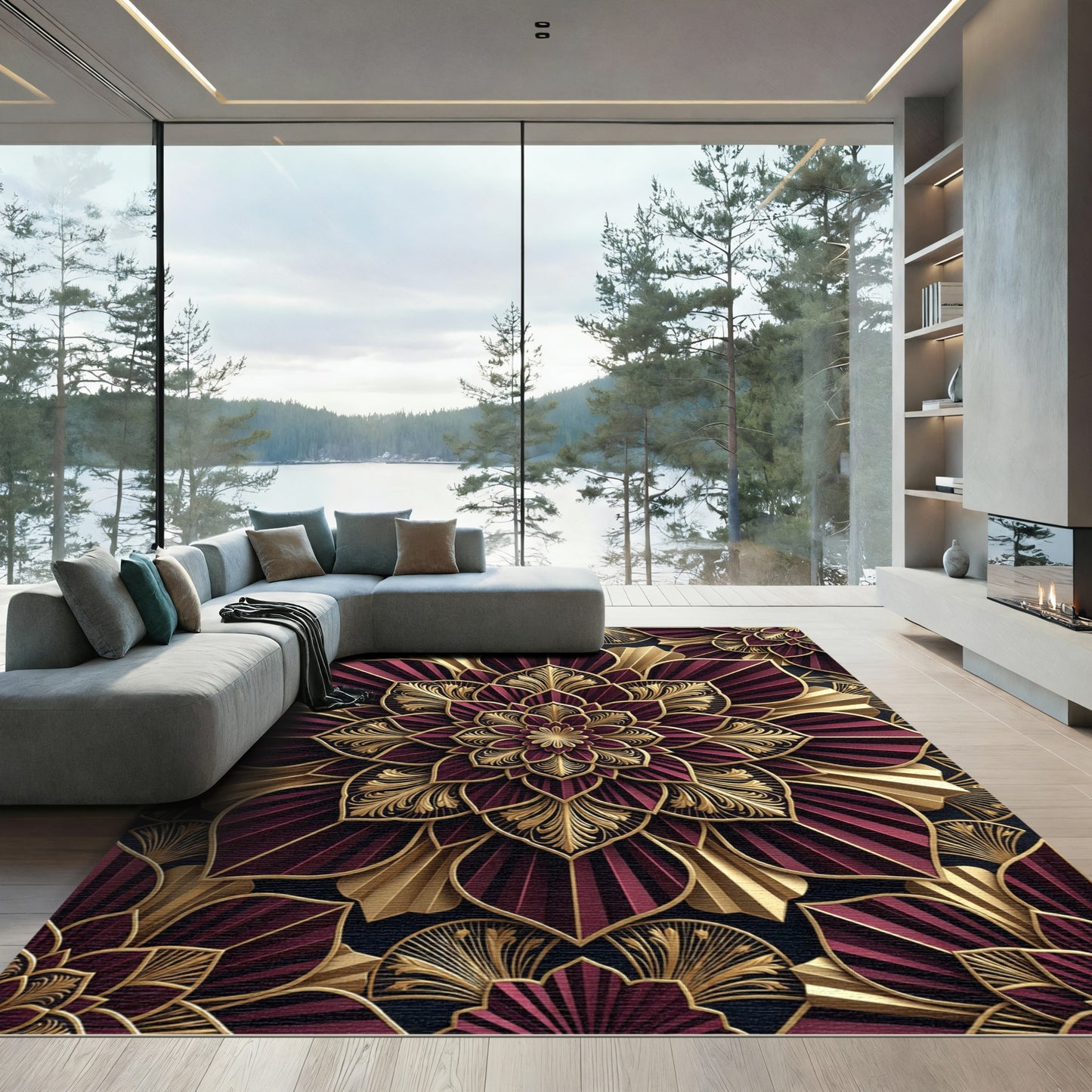 Crimson Gold Art Deco Floral Sunburst Rug