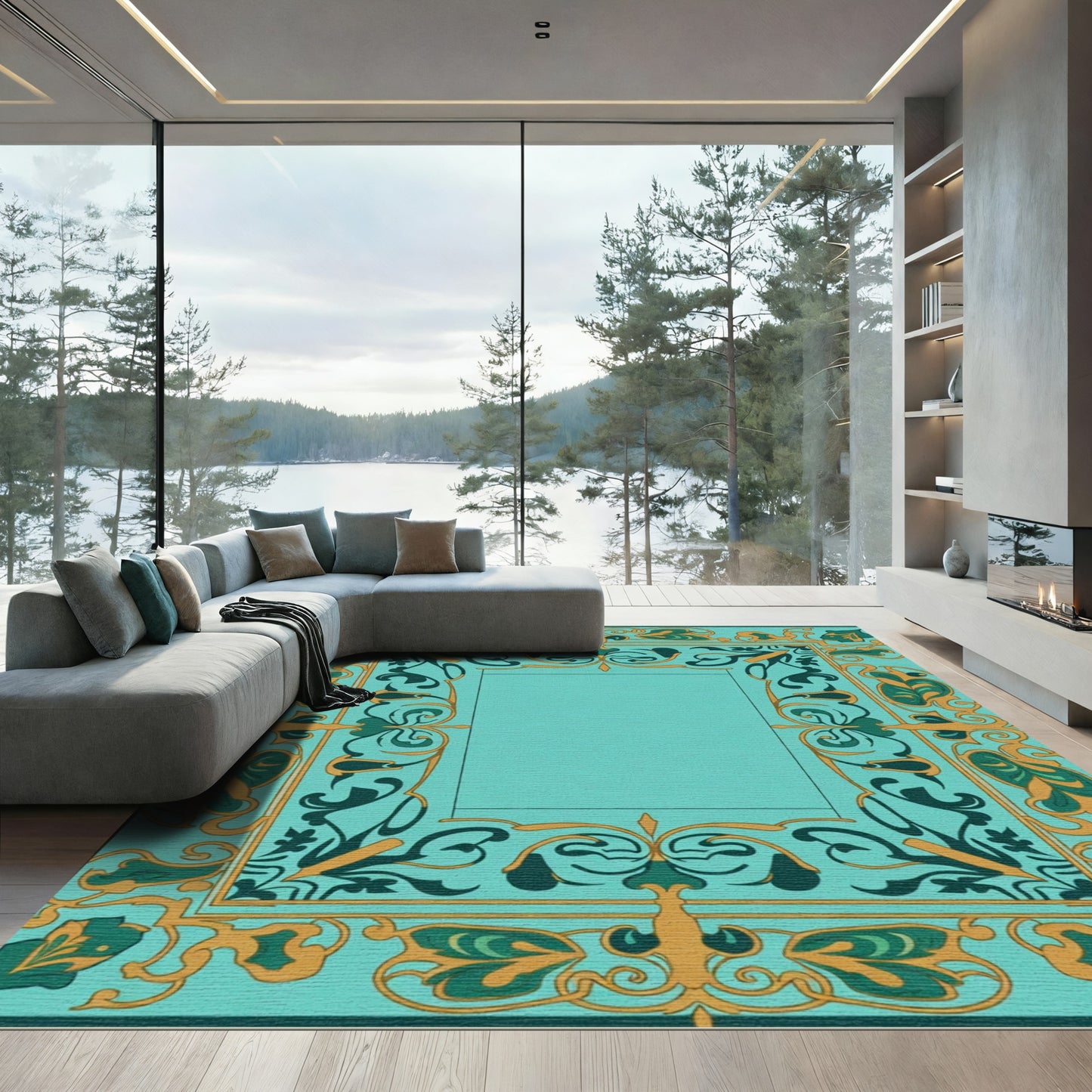 Turquoise Aqua Swirl Floral Border Rug