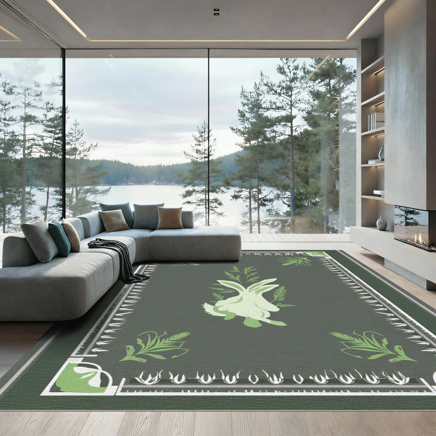 Charming Green Hare Foliage Border Rug