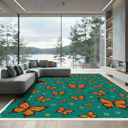 Orange Butterfly Whimsical Teal Pattern Rug
