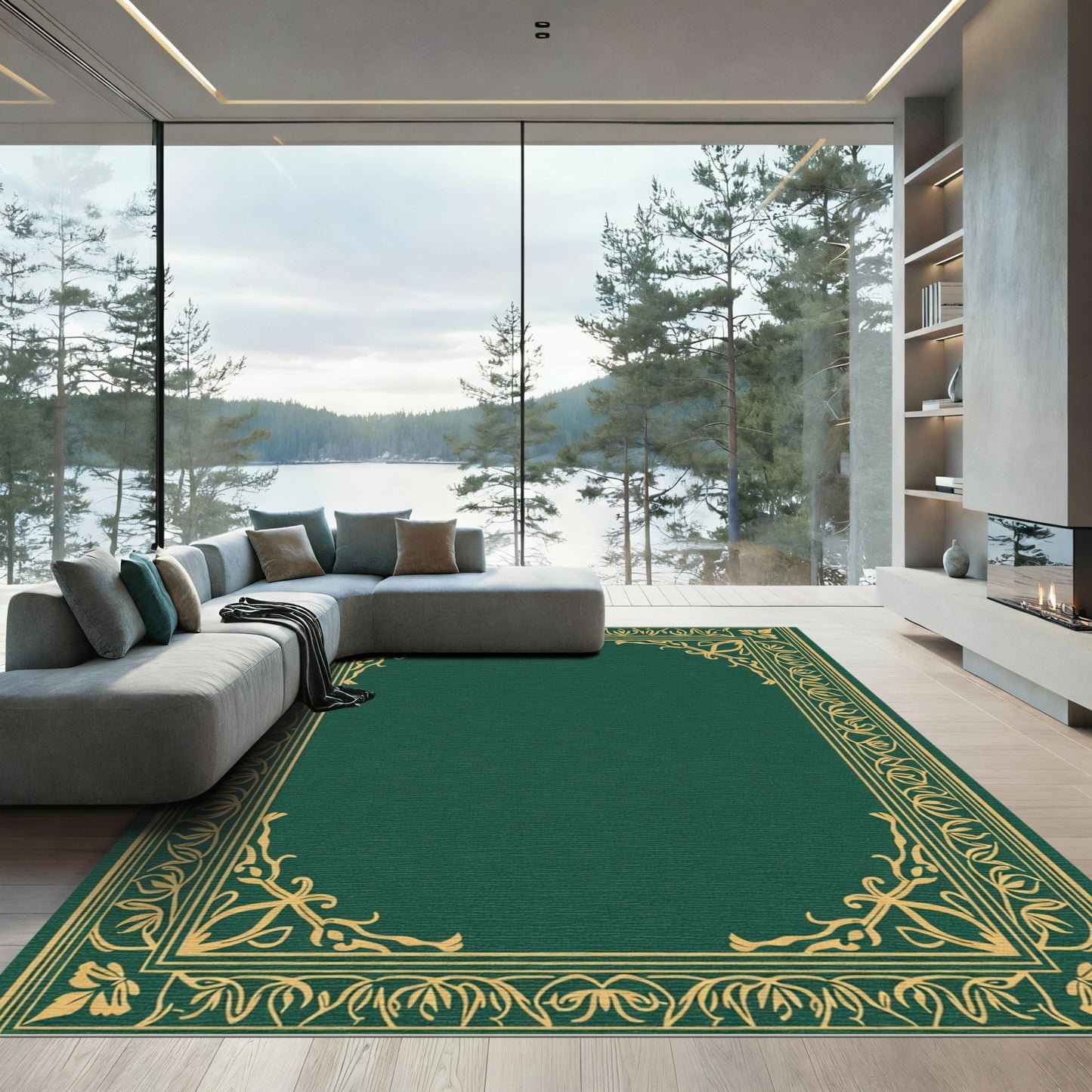 Elegant Gold Floral Bordered Emerald Rug