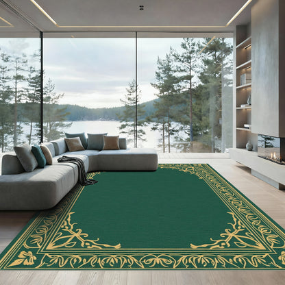 Elegant Gold Floral Bordered Emerald Rug