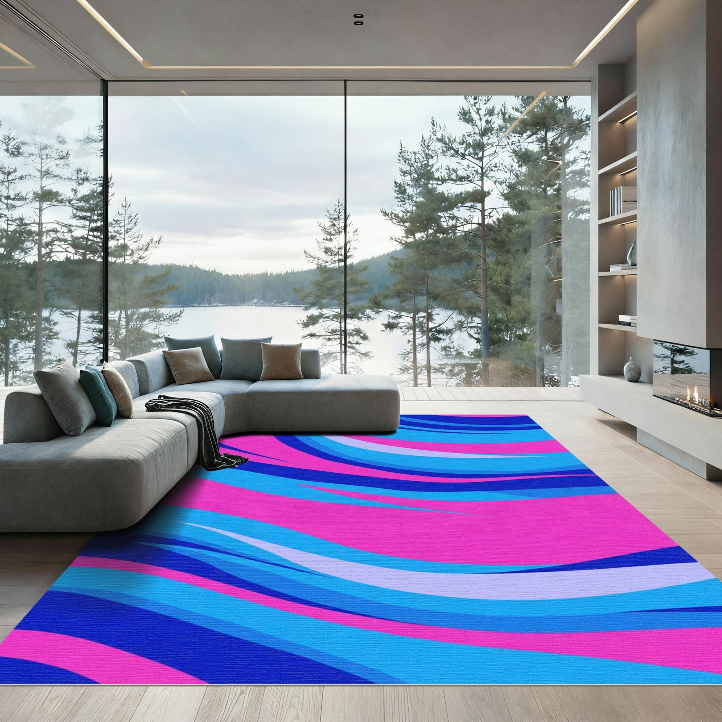 Vibrant Pink Blue Wavy Stripe Rug