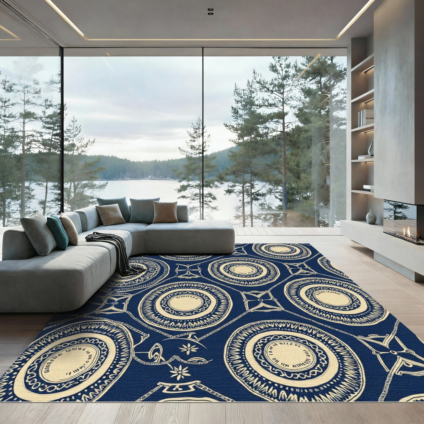 Navy Cream Circular Medallion Art Rug