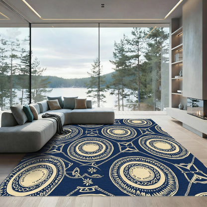 Navy Cream Circular Medallion Art Rug