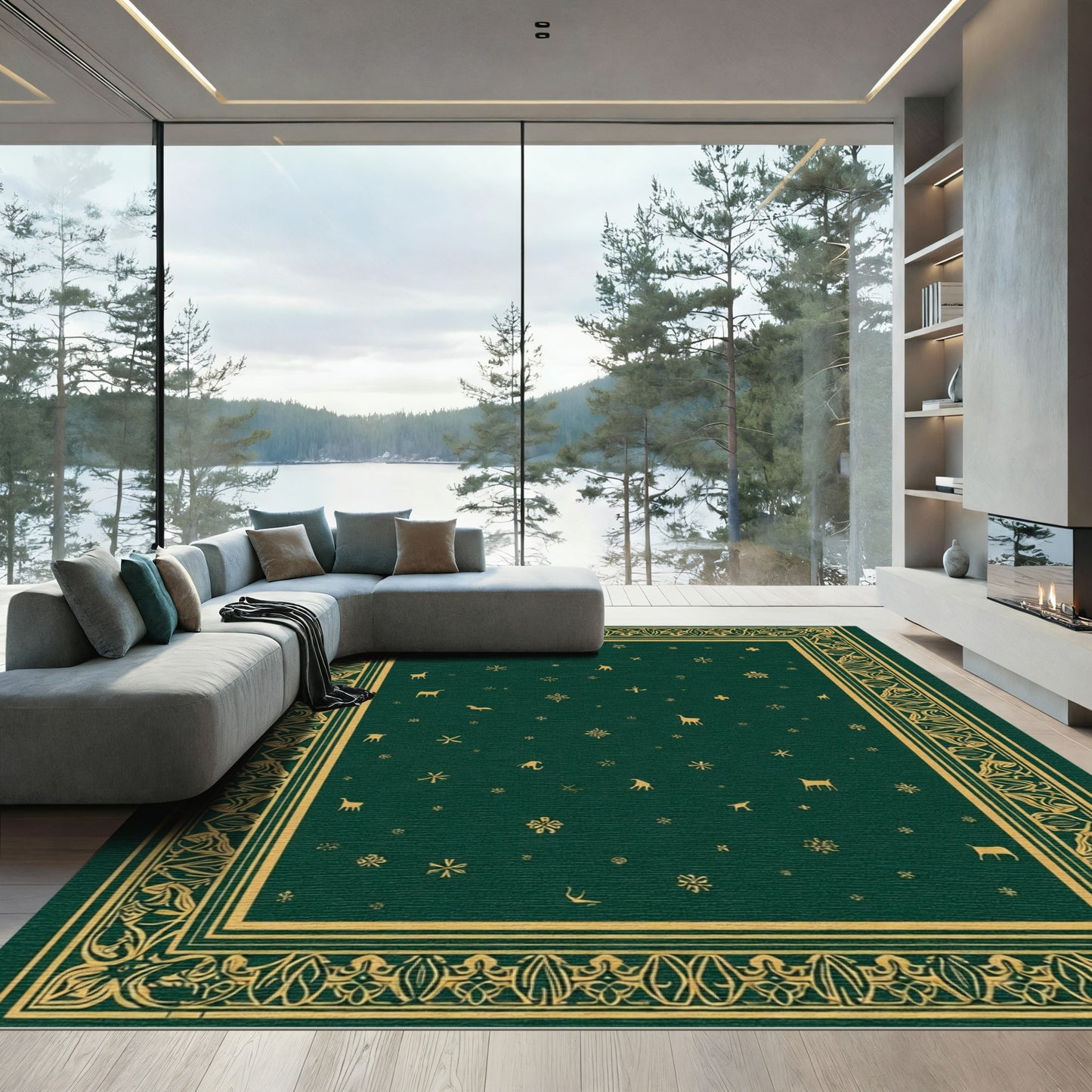 Emerald Golden Forest Creatures Border Rug